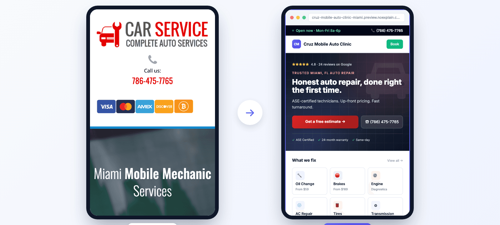 Before and after comparison: Cruz Mobile Auto Clinic, Miami—before vs. our 24-hour rebuild